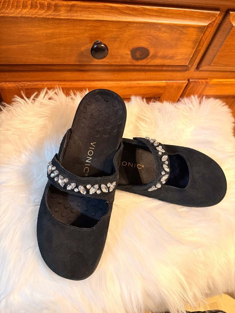 Vionic Jenelle Black Suede Embellished Slip-On Mules Size 9